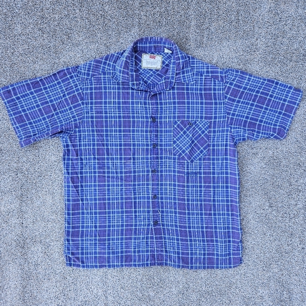 Levis Plaid Short Sleeve Button Up Shirt Blue Red Western Vintage Mens L Y2k